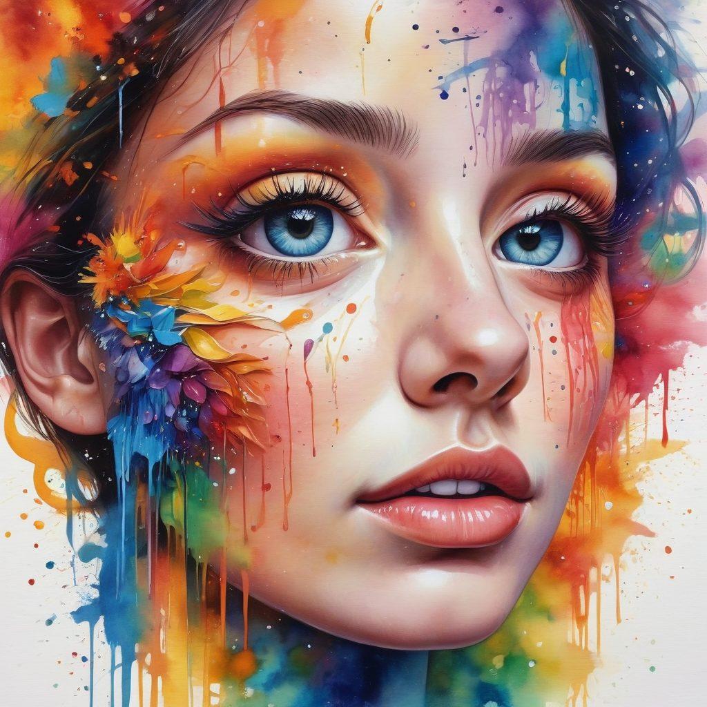 A surreal illustration of a tear transforming into colorful words and letters, cascading from a pair of expressive eyes filled with emotion, surrounded by a vibrant spectrum of languages and scripts. The background features delicate watercolor brushstrokes that evoke feelings of empathy and understanding, representing the connection between emotion and language. super-realistic. vibrant colors. watercolor painting.