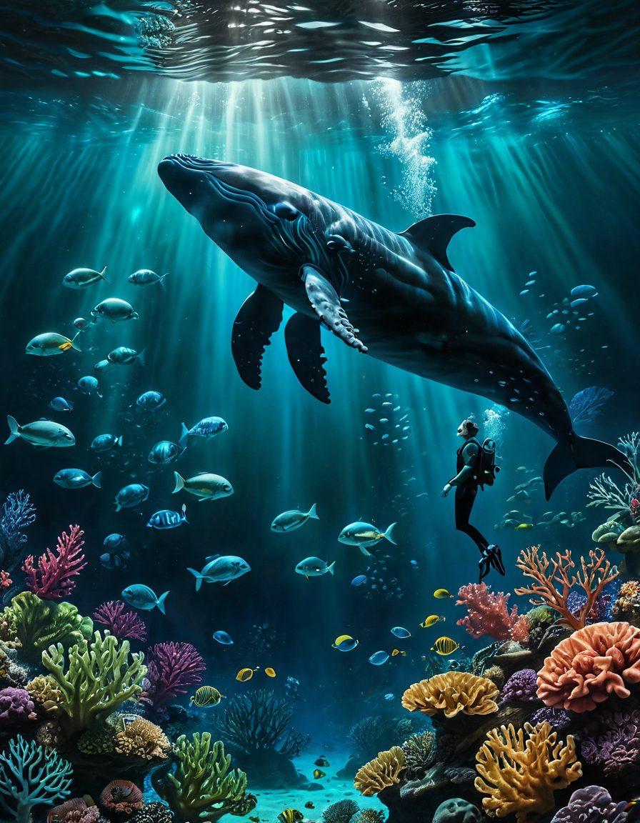 A surreal underwater scene where vibrant coral reefs symbolize the complexity of emotions, with fish shaped like speech bubbles reflecting sadness. In the background, a diver embraces a whale, representing the deep connection between language and feelings. Soft, ethereal lighting filters through the water creating a tranquil atmosphere. super-realistic. vibrant colors. deep blues and greens.