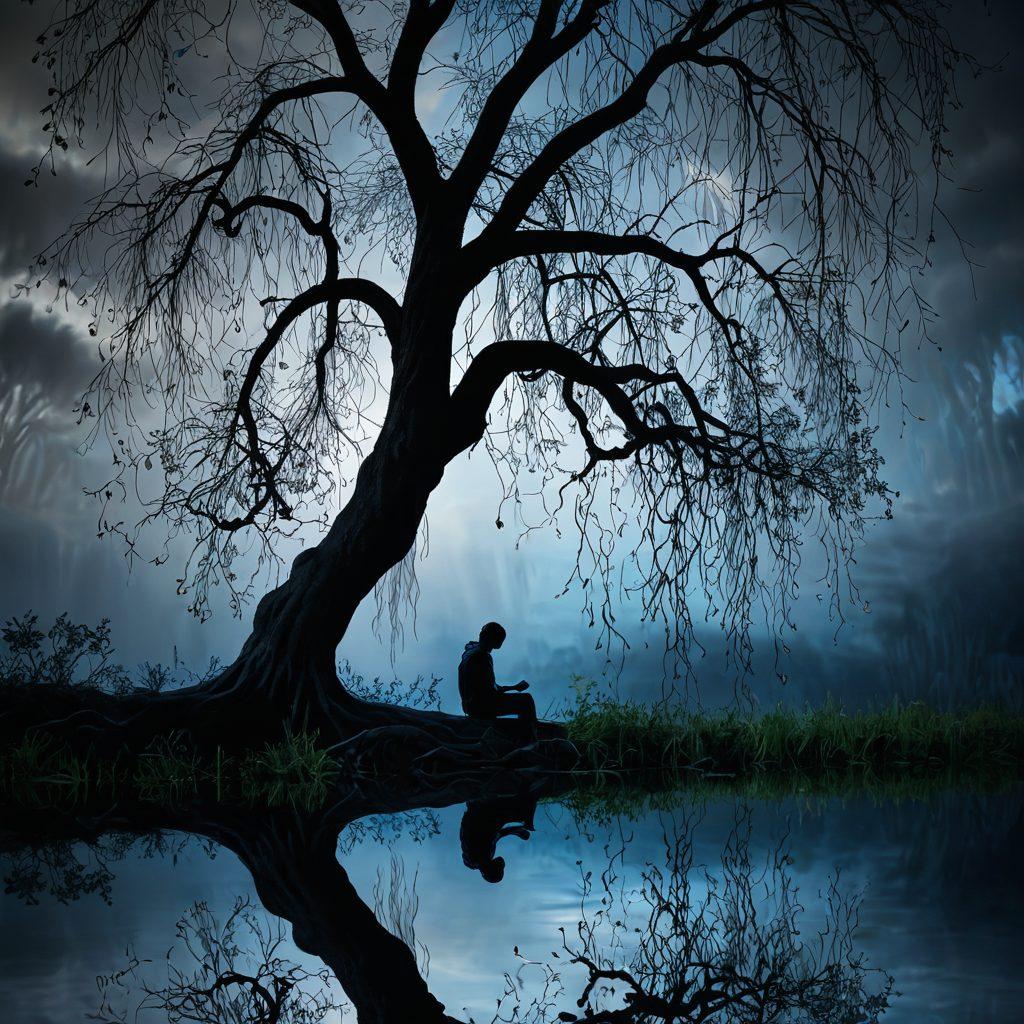 A surreal landscape illustrating the spectrum of sadness, featuring a solitary figure sitting under a weeping willow tree, surrounded by floating text symbols representing various emotions. The sky shifts from gray to deep blue, reflecting deep feelings, while colorful abstract waves depict emotional communication. The scene evokes a sense of melancholy yet connectivity. dreamy, expressive, vibrant colors, impressionistic.